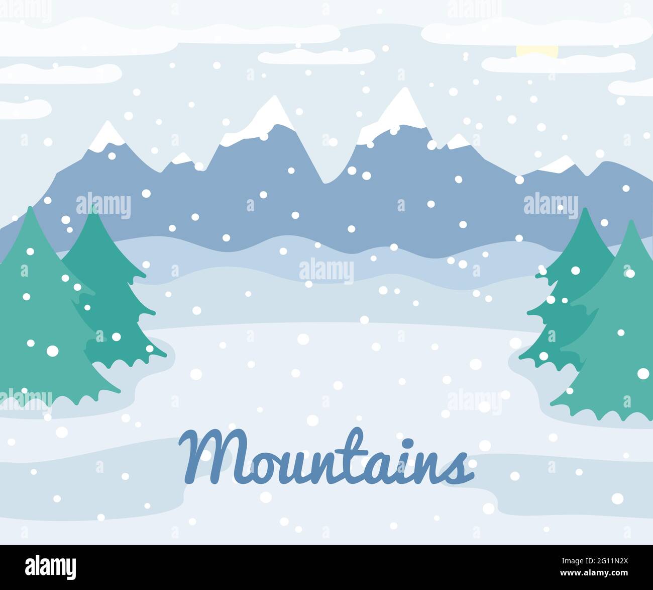 Paesaggio montano invernale con alberi di abete rosso e neve, vista invernale all'aperto, paesaggio natura illustrazione, vettore Illustrazione Vettoriale