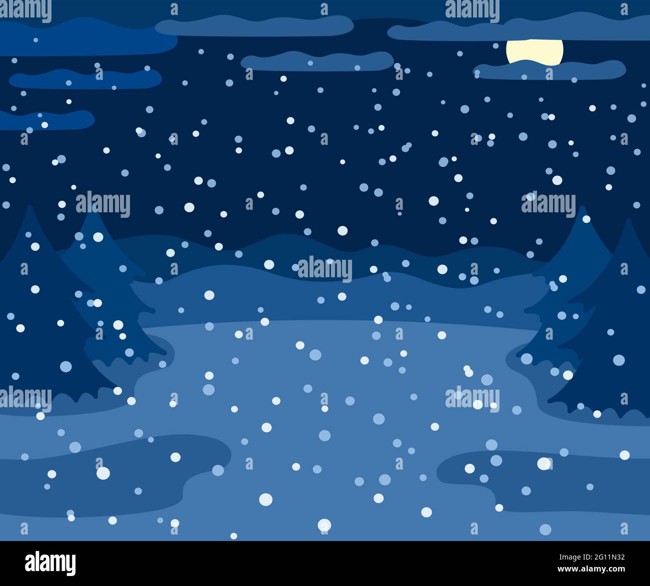 Paesaggio invernale innevato di notte, vista invernale all'aperto con alberi di abete rosso, luna e neve, campagna notte natura illustrazione, vettore Illustrazione Vettoriale