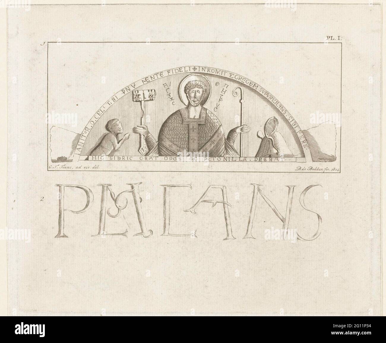 Timpane Van Egmond: Batteria ad arco con Petrus, Conte Dirk VI van Holland e sua madre Contessa Petronella, circa 1120. Timpane dell'abbazia di Egmond: Arco tamburo con Petrus, il conte Dirk VI van Holland e sua madre Contessa Petronella. Il tutto circondato da iscrizioni latine. La pietra proviene dall'ex abbazia benedettina di San Petrus e San Adelbert a Egmond-Binnen. Alcune vecchie lettere sotto la pietra. FM colloca le prestazioni di questa pietra nell'anno 1009, in realtà la pietra viene fabbricata intorno al 1120. Foto Stock