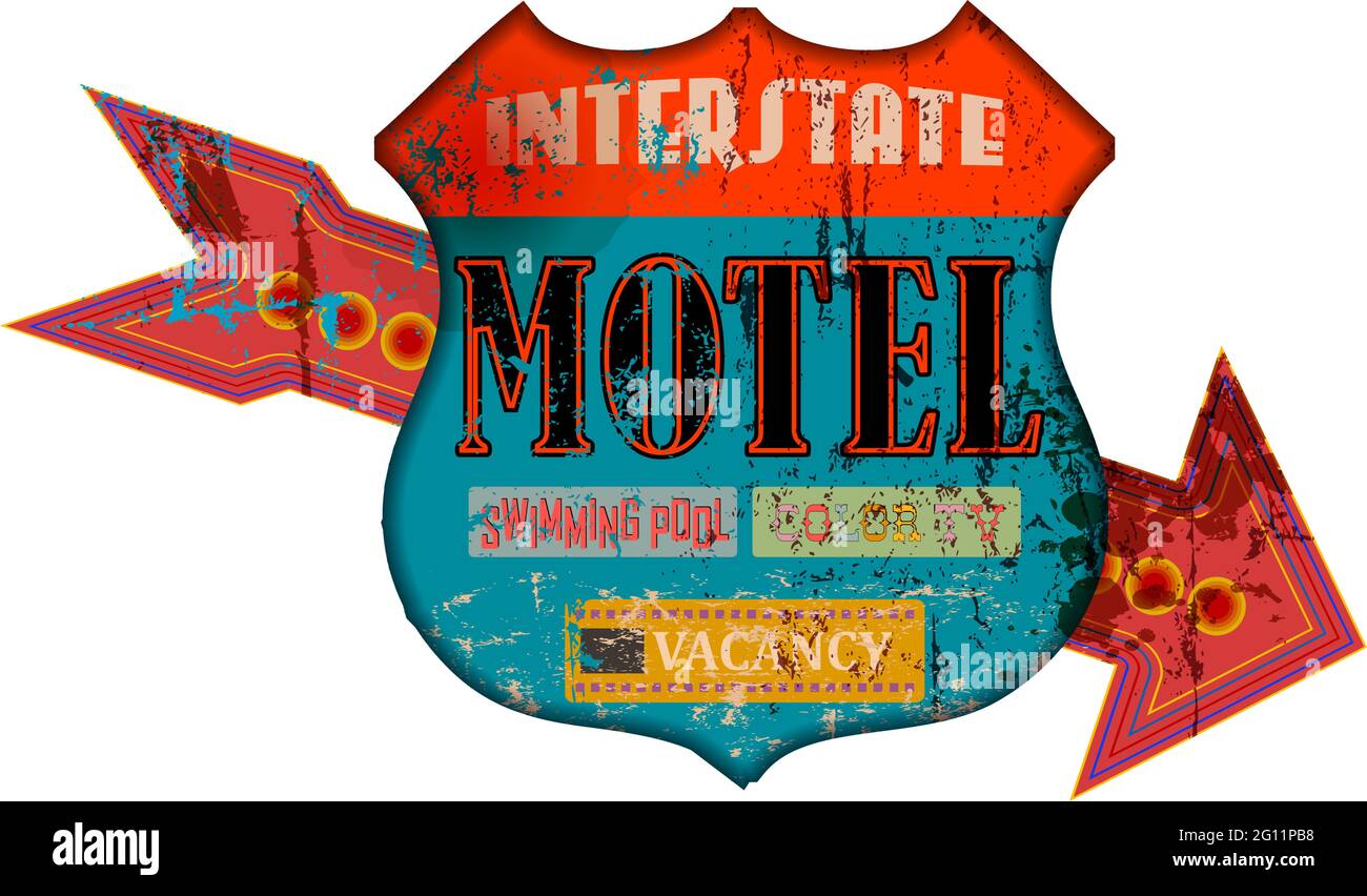 Retro super grunge Route interstate Motel segno, retrò afflitto e meteo vettore illustrazione, opere d'arte immaginaria Illustrazione Vettoriale