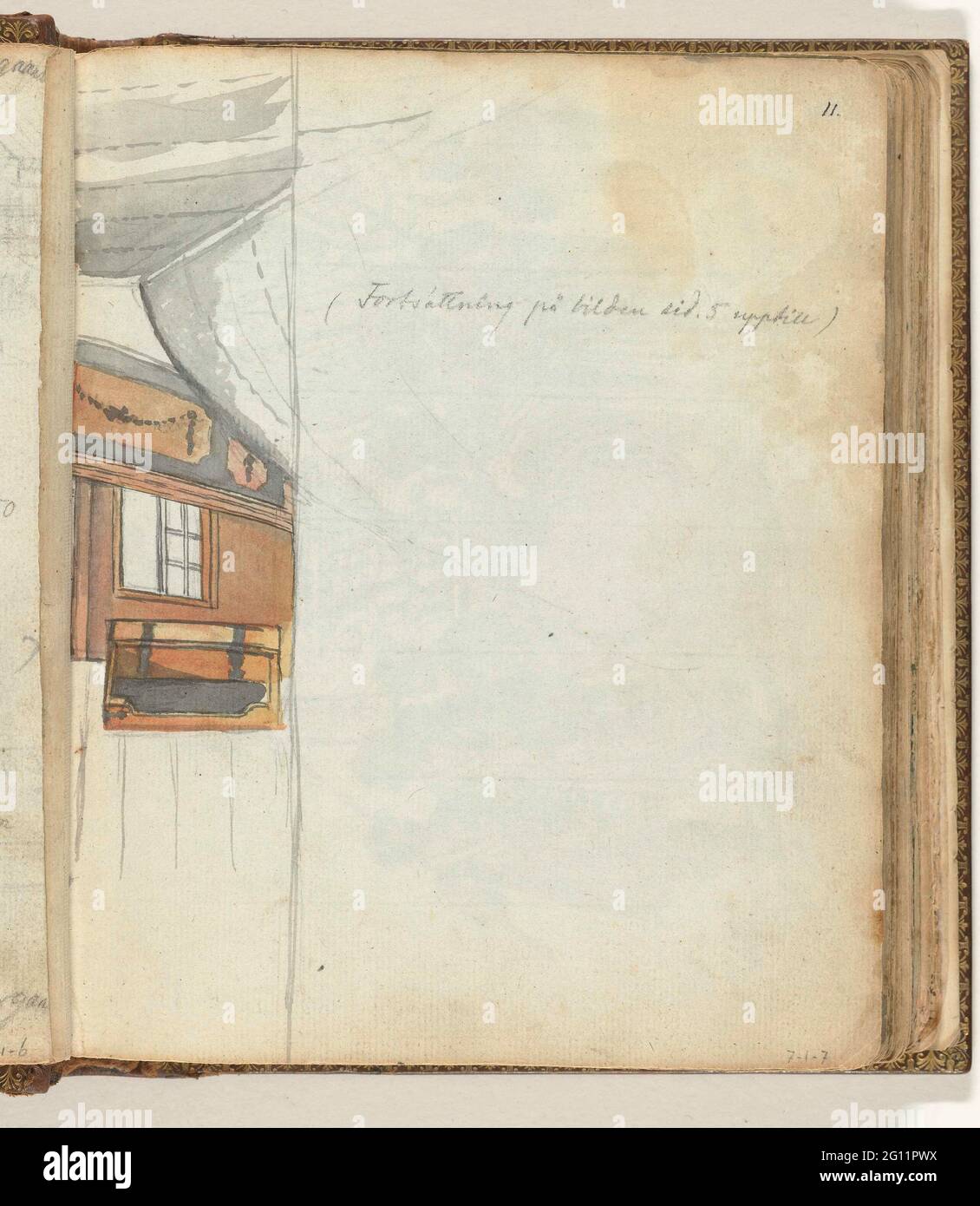 Parte del ponte della nave di una nave VOC. Questo disegno appartiene al lato destro di NG-1985-7-1-3. Sono visibili un pezzo di mezzo ponte, una bara, una finestra dell'ufficiale e un pezzo di vele. La didascalia del XX secolo è svedese e si riferisce ad un numero superiore. Parte da Jan Brandes, DL Sketchbook. 1 (1808), pag. 11. Foto Stock