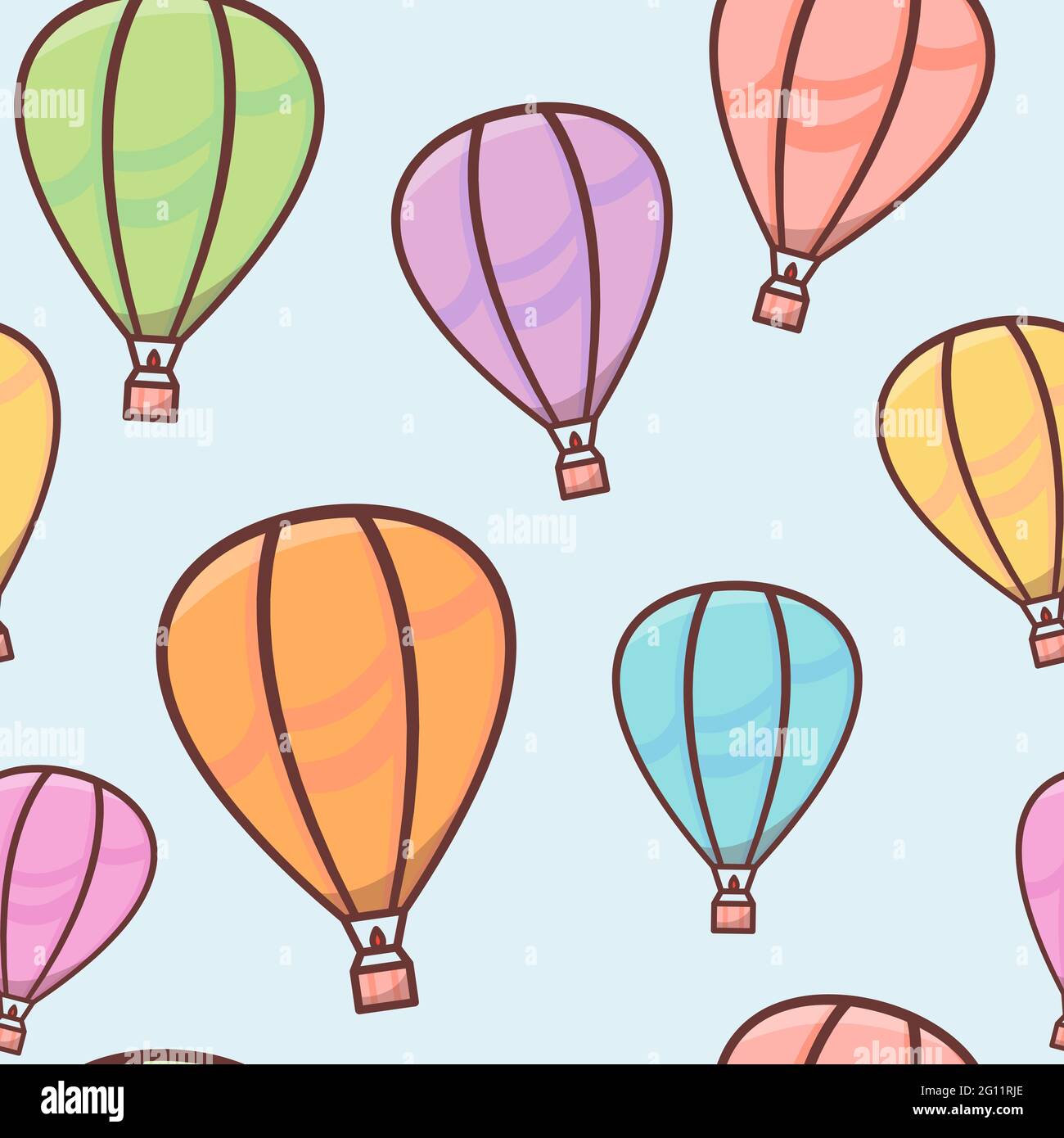 Motivo senza cuciture con palloncini colorati con contorno nel cielo, caivi e semplice sfondo, simpatico vettore illustrazione per i bambini Illustrazione Vettoriale