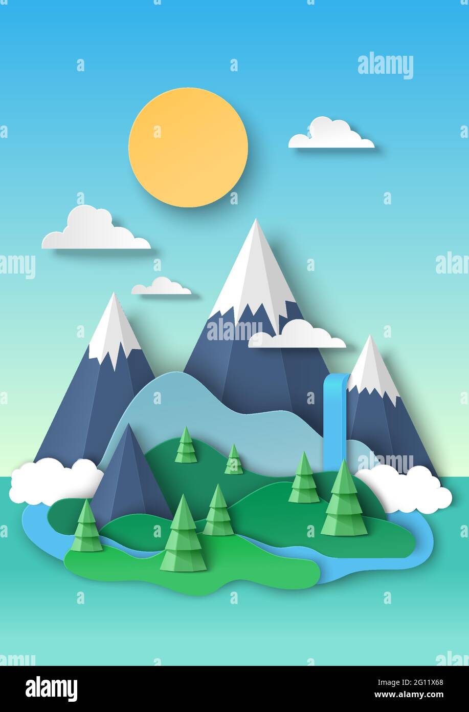 Paesaggio naturale, sfondo. Cime innevate di montagna, cascata, vettore carta taglio illustrazione. Turismo, viaggi, escursioni. Illustrazione Vettoriale