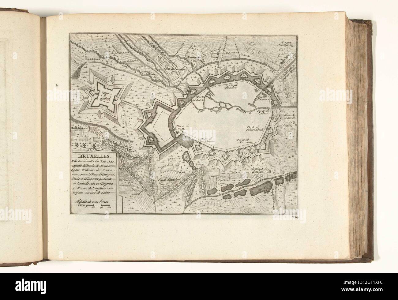 Mappa di Bruxelles, 1726; Bruxelles, Ville Pressive des Pais Bas, capitale duuché de Brabant (...); Les Forces de l'Europe, Asie, Afrique et Amerique (...) Comme aussi Les Côtes de France et d'Espagne. Mappa delle difese intorno alla città di Bruxelles. 274 nella parte XII della foto: Les Forces de l'Europe, Asia, Afrique et amic ... Comme aussi Les Cartes des Côtes de France et d'Espagne dal 1726, questa seconda parte con 271 tavole numerate a mano di rinomate città forti e fortezze nel contesto della guerra di successione spagnola 1701-1713. Per la maggior parte, queste piastre hav Foto Stock