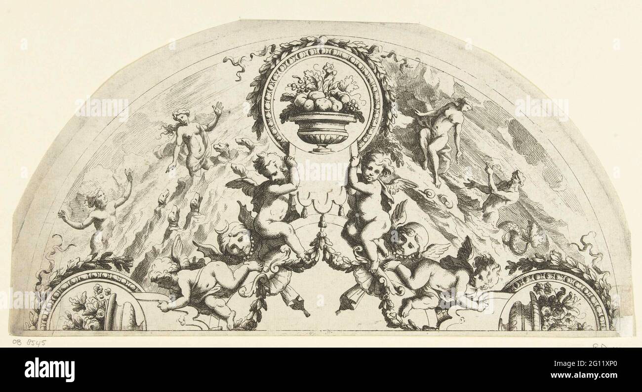 Emisfero fan leaf leaf; Dessoints d'évails et Écrans. Sulla foglia del ventilatore sono presenti tre medaglioni rotondi con una ciotola di frutta e un fregio dalle performances mitologiche. In basso a destra manca un angolo. Foglia 4 da serie di 6 fogli. Foto Stock