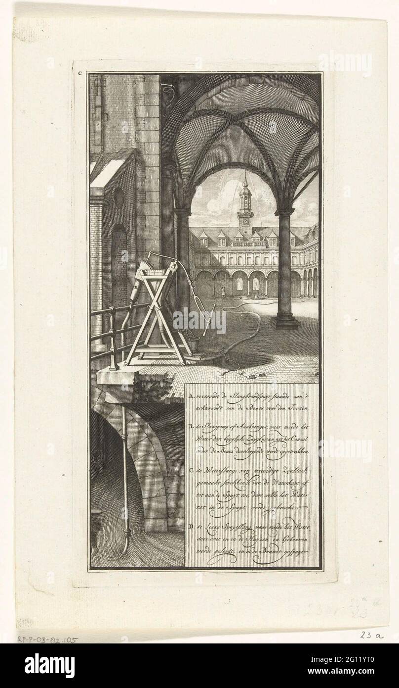 Dimostrazione delle spruzzatrici da surf sul cortile dei Beurs ad Amsterdam, circa 1670-1680. Dimostrazione dell'uso dell'irrorazione antincendio del tubo mediante gonfiaggio dell'acqua e spruzzatura sulla torre dell'esposizione (circa 1670-1680). Nella didascalia la dichiarazione delle lettere A-D in olandese. Piatto 23 nella ristampa del libro Fire spa di Jan van der Heyden del 1735. Foto Stock