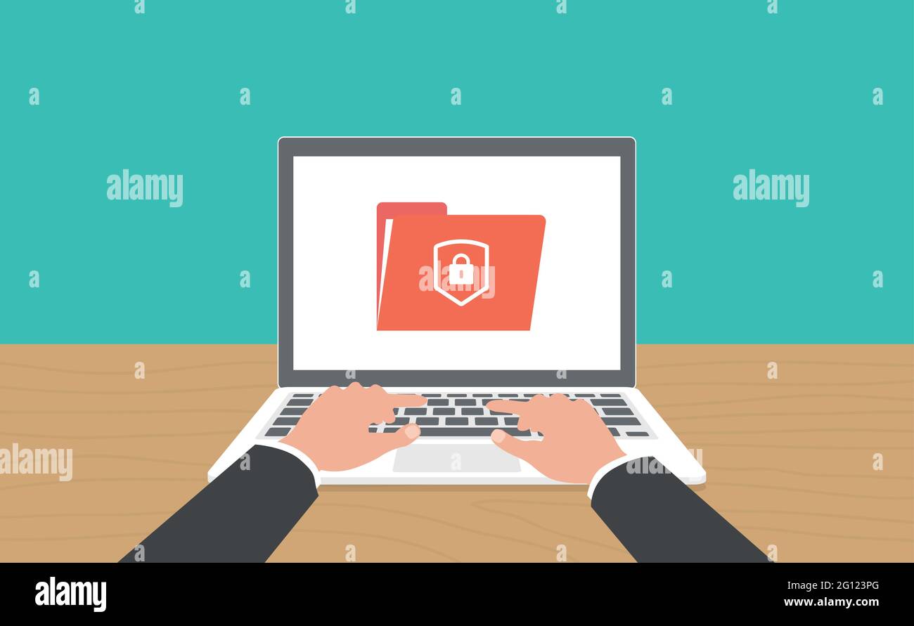 Accesso online sicuro ai documenti riservati con blocco privato sul computer portatile file di testo vettoriale piatto Illustrazione Vettoriale
