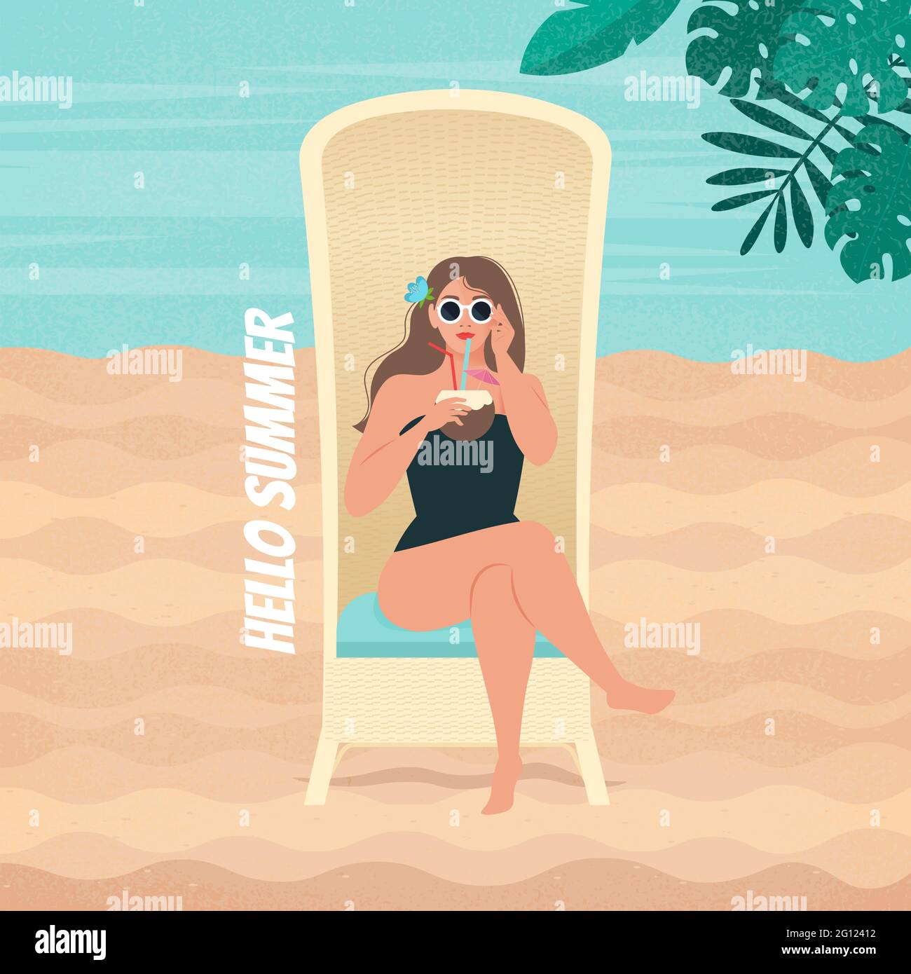 Poster retrò con bella donna che riposa sulla spiaggia, seduta sul vecchio lettino e cocktail bevande. Illustrazione vettoriale, stile piatto Illustrazione Vettoriale