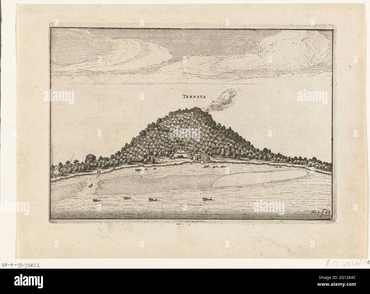 Vista dell'isola di Ternate, 1607; Ternata; lato est di Ternate. Daer t 'Catsteel Malaya Leyde. Vista dell'isola di Ternate con il forte Malaya da est, maggio 1607. Parte delle illustrazioni nel rapporto di viaggio di Cornelis Matelief de Jonge per il VOC alle Indie Orientali e la Cina, 1605-1608, n. 7. Foto Stock