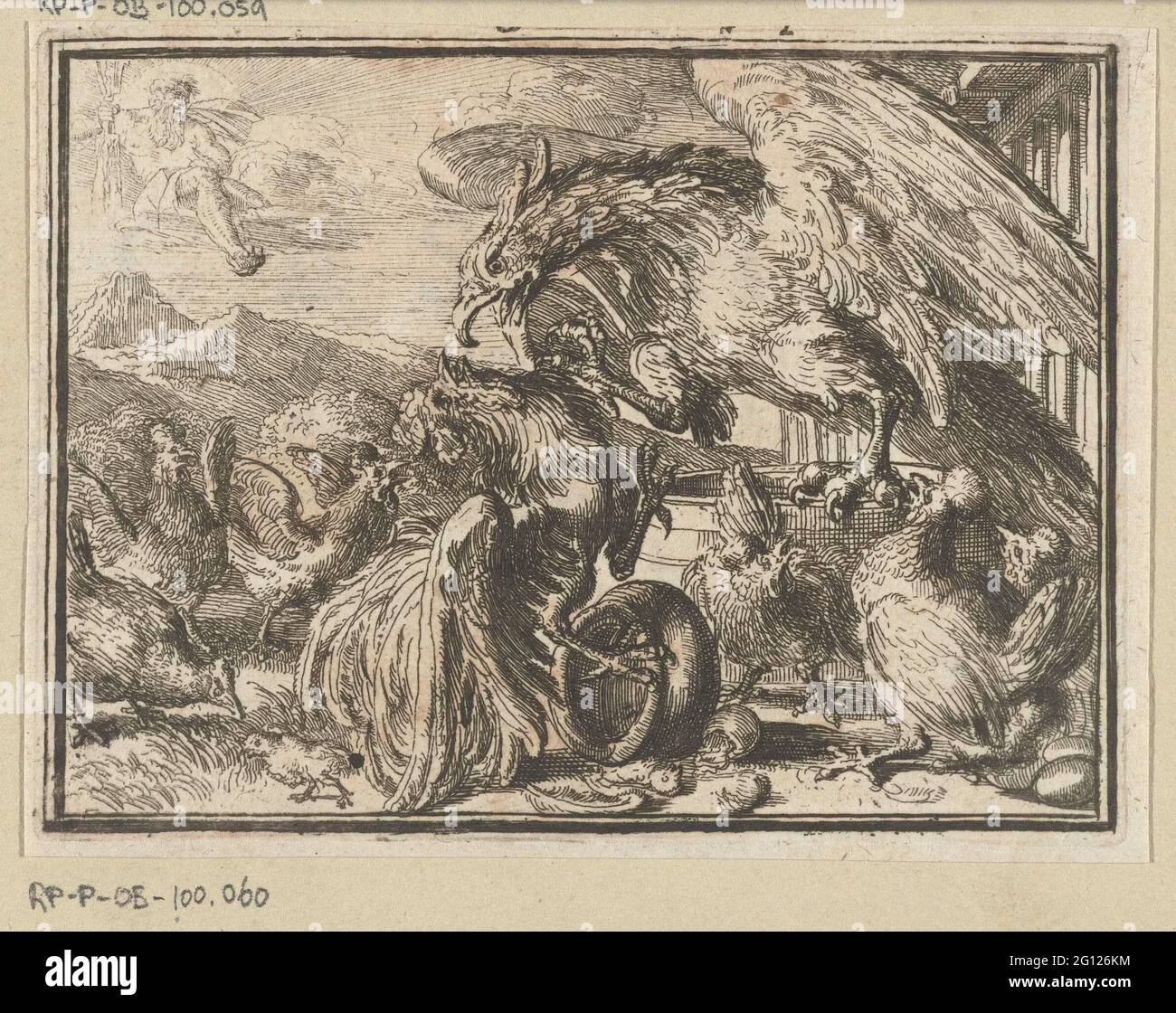 Pagina del titolo del depliant: La disputa tra la Franche Haan, e le galline Lomard, passa attraverso Giove, 1701; la disputa tra la Fransche Haan, e le galline Lomard, passa attraverso Giove; Esopus in Europa. Su richiesta delle galline (Lombardia), Giove invia un'aquila per attaccare il gallo (Francia). Il titolo si trova su un foglio di testo separato. Foto Stock