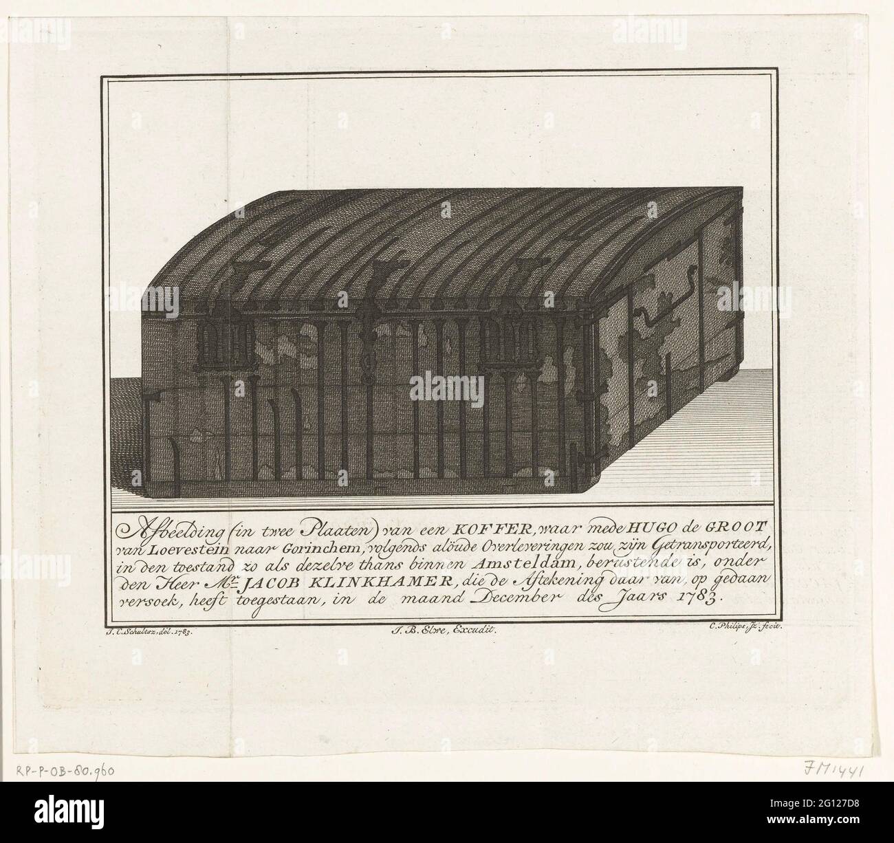 Il libro in cui Hugo de Groot sfugge da Loevestein nel 1621 è 1783; Immagine (in due luoghi) di una valigia, dove anche Hugo de Groot van Loevestein a Gorinchem, secondo le tradizioni di Alöude sarebbe stato trasportato, nello stato in cui si trova attualmente all'interno di Amsteldam, è basato sul Sig. Jacob Klinkhamer, Che ha permesso la marcatura, fatto, nel mese di dicembre dell'anno 1783. Il libro in cui Hugo de Groot duit Loevestein sfugge è il 22 marzo 1621. Immagine della bara con coperchio chiuso, nel 1783 in possesso del Sig. Jacob Klinkhamer ad Amsterdam. Foto Stock
