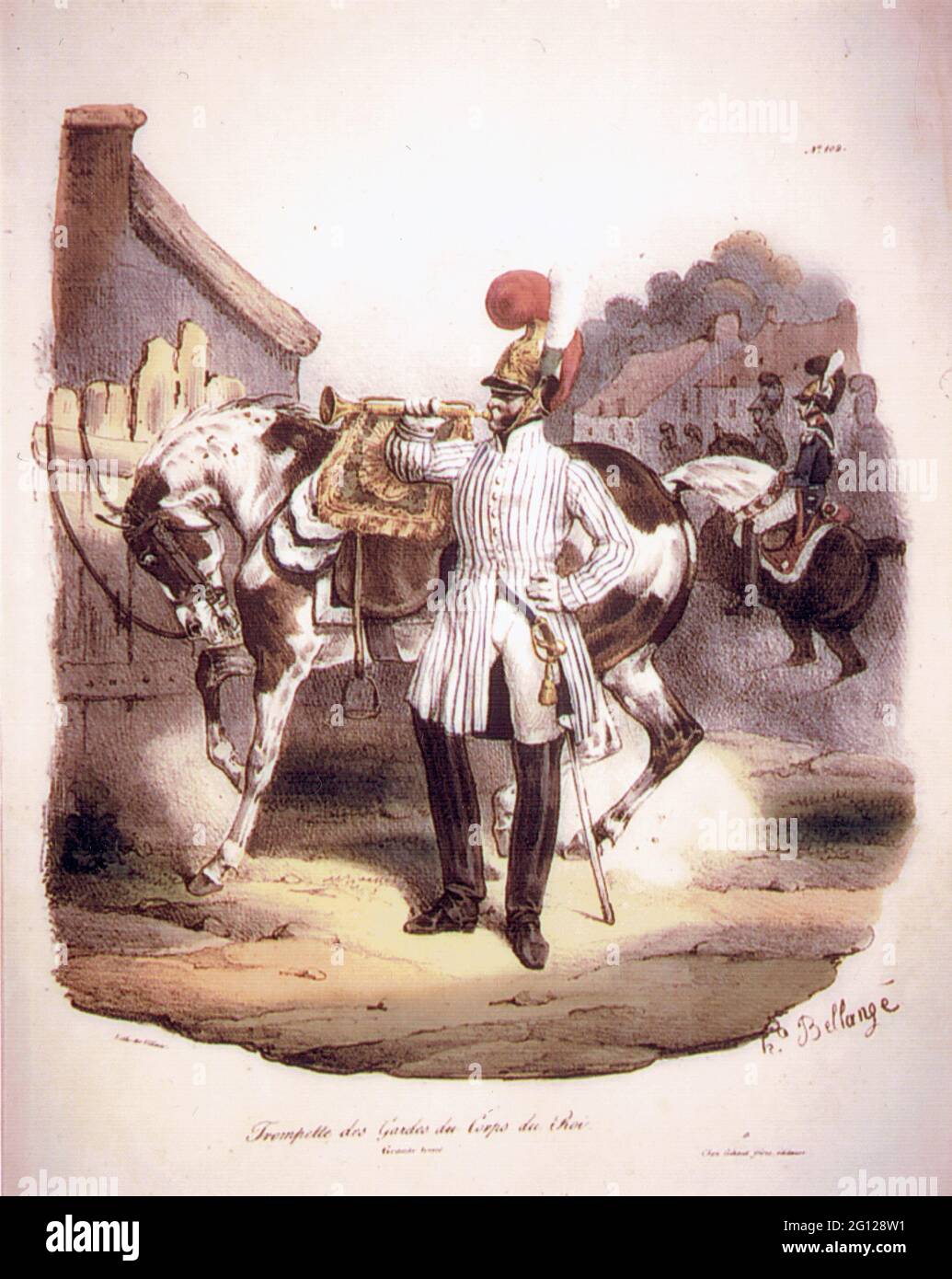 trompette des gardes du docprs du Roi en 1816 en grande tenue Foto Stock