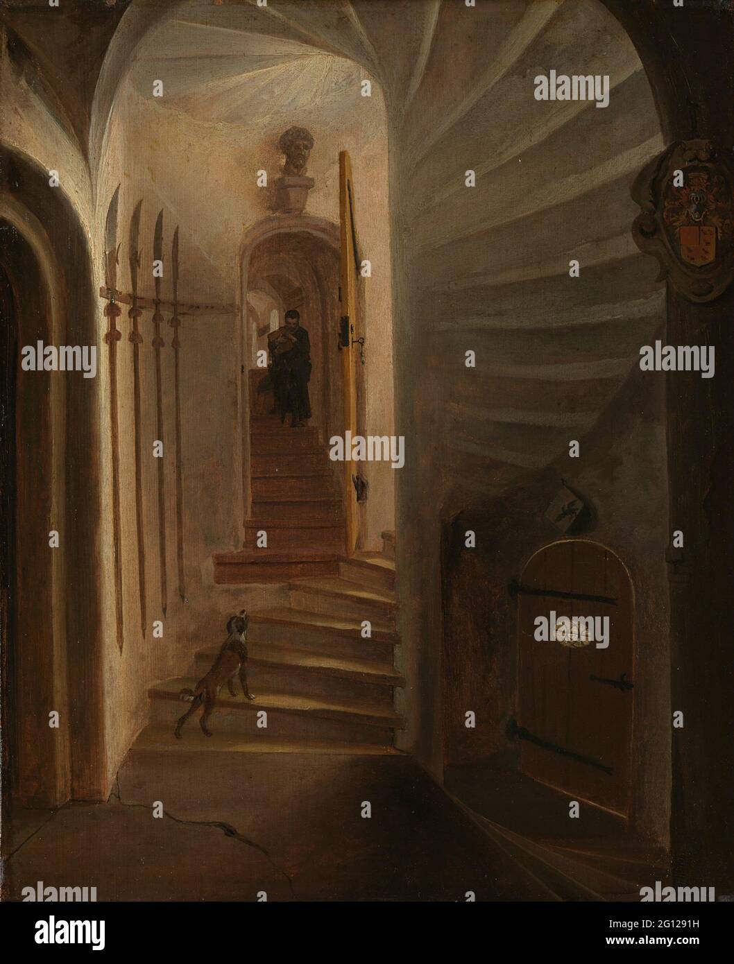 Portale di una torre a scala, con un uomo che scende le scale: Presumibilmente il momento prima dell'assassinio di Guglielmo il silenzio nel Ptinsenhof, Delft. Portale in una torre di viaggio con un uomo discendente, presumibilmente la situazione come sembrava poco prima dell'attacco al principe Willem i nel Prinsenhof a Delft. Sulle scale un cane attende l'uomo che scende con una pila di libri. Sopra la porta della scala si trova un reggiseno verticale, in alto a destra un'arma. Foto Stock