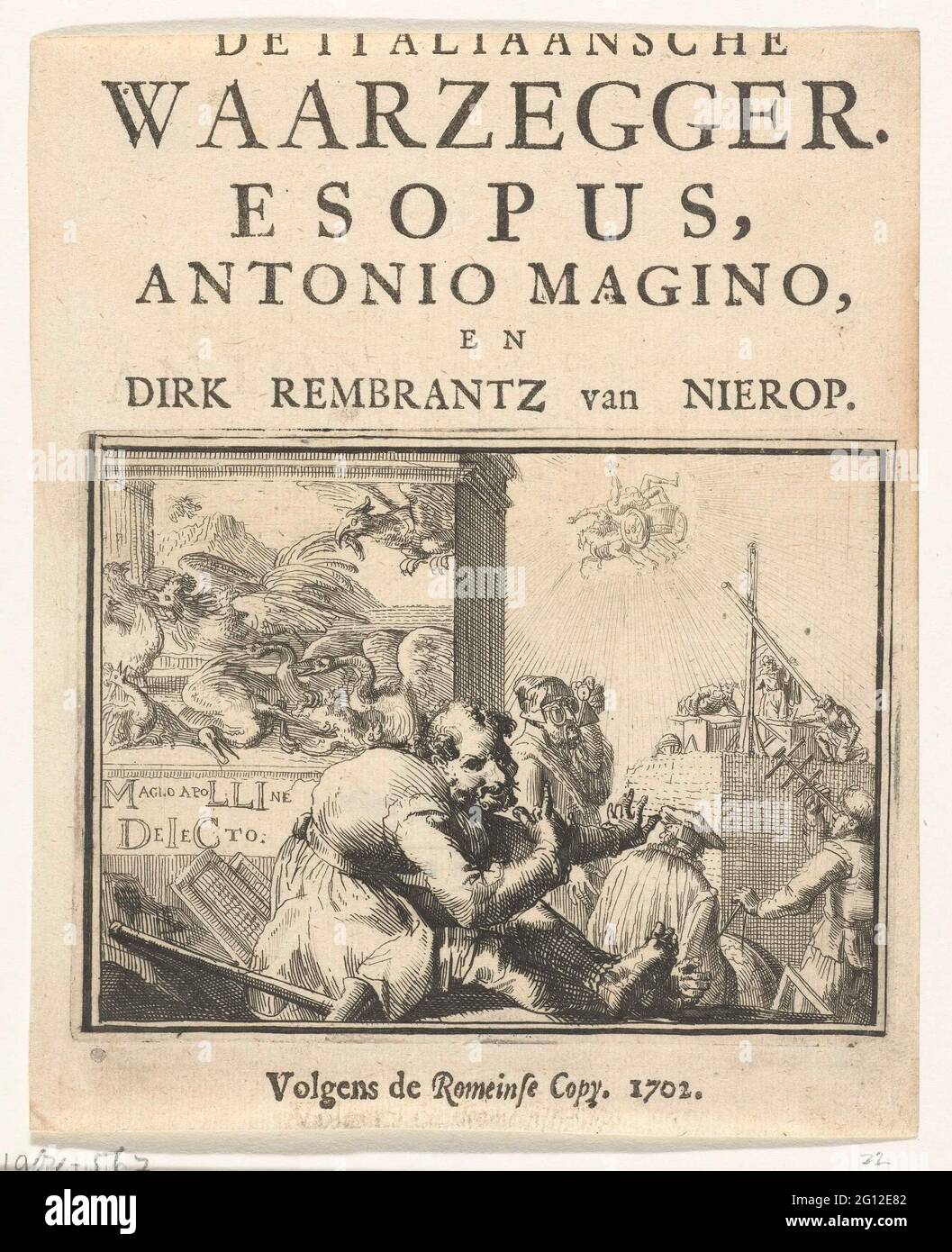 Pagina del titolo del depliant: Il venditore di fortuna italiano. Esopus,  Antonio Magino, e Dirk Rembrantz van Nierop, 1702; il cassiere italiano  della fortuna. Esopus, Antonio Magino e Dirk Rembrantz van Nierop;