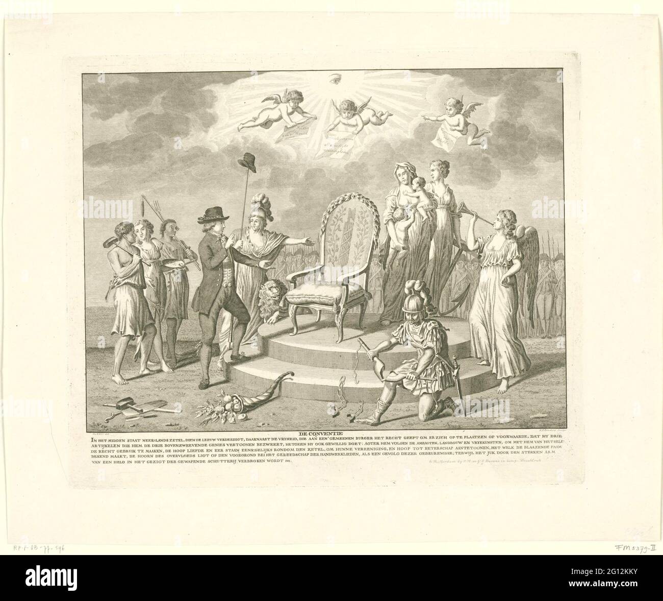 Allegoria alla Convenzione, 1795; la Convenzione. Allegoria alla Convenzione, 1795. Il cittadino è costituito dalla sede vuota del potere sulla designazione della libertà che indossa su tre articoli che sono tenuti nell'aria dagli angeli: 'Diritti dell'uomo', 'costruzione di tutti i degni ereditari' e 'OPERTJEM des People'. In primo piano un guerriero rompe un giogo, sullo sfondo armata guardia civile. Foto Stock