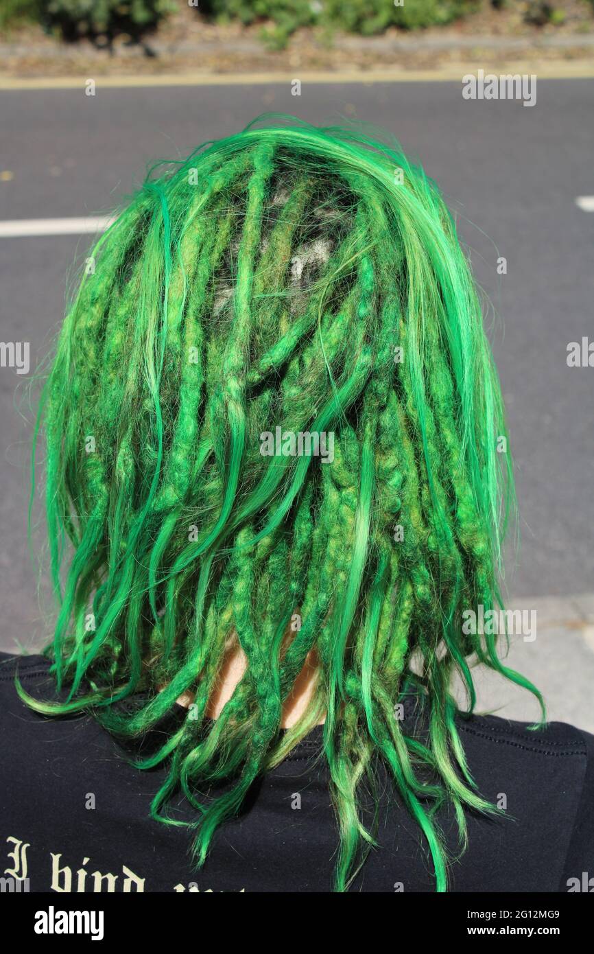 Vista posteriore della donna con dreadlock capelli verdi, concetto di cura dei capelli Foto Stock