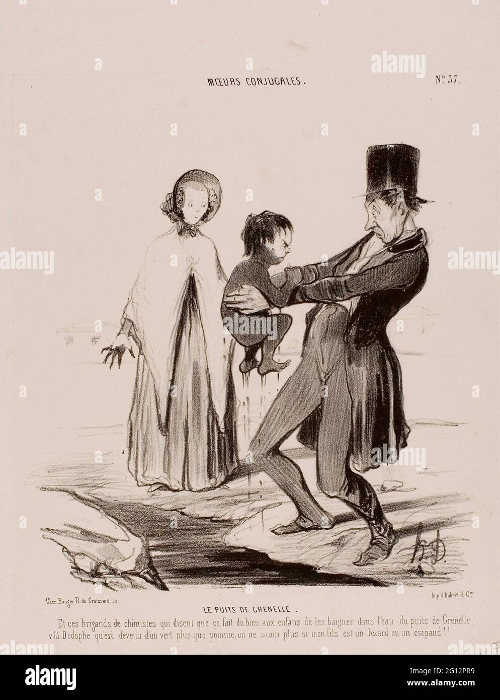 Honor-Victorin Daumier. Le Wells di Grenelle. Oand questi scoundrels dei chimici stanno sostenendo che è buono affinchè i bambini bagnino nei pozzi di Foto Stock