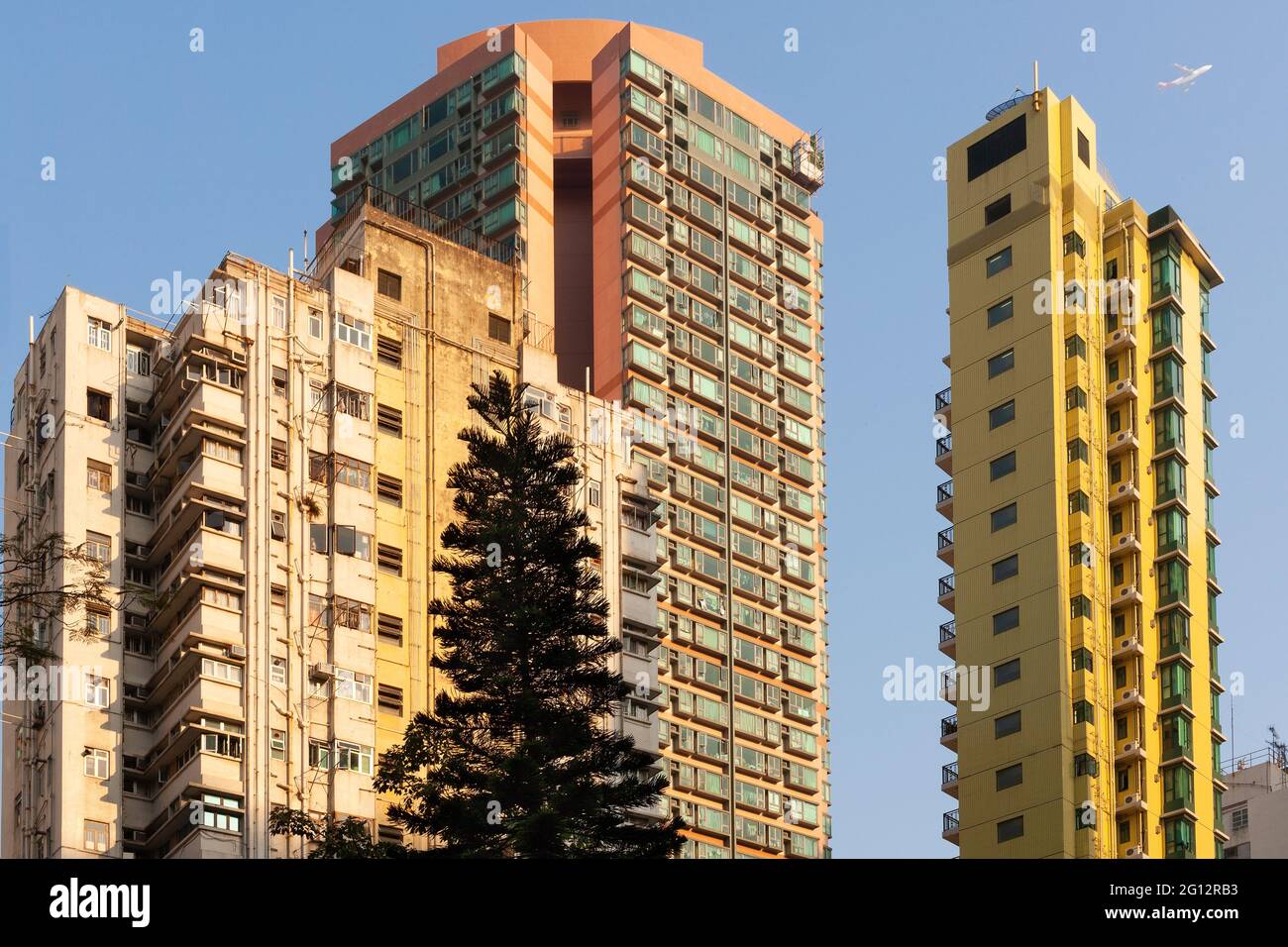Skyline di alti grattacieli residenziali di appartamenti nel centro di Hong Kong. Foto Stock