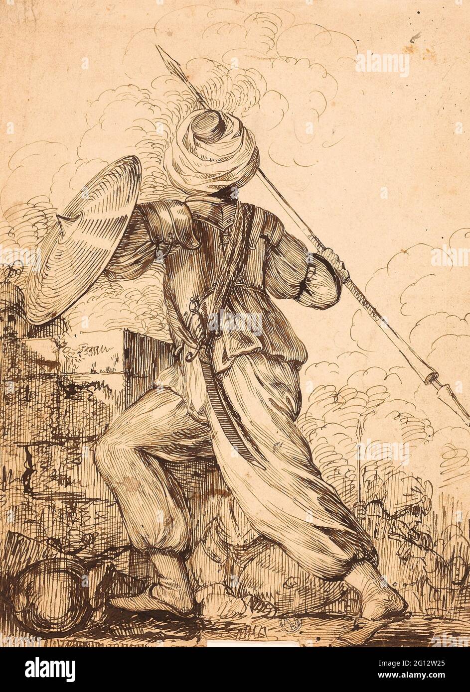 James Durno. Un soldato turco - attribuito a James Durno (inglese, c.. 1745-1795) o John Hamilton Mortimer (inglese, 1740-1779). Penna e inchiostro marrone Foto Stock