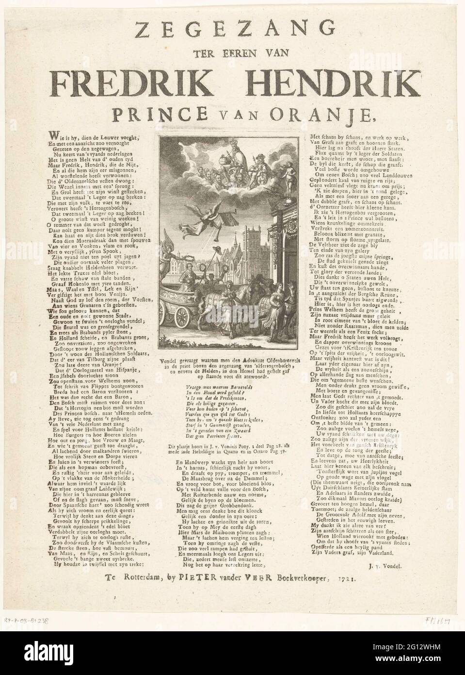 Frederik Hendrik guida a Triomfvang l'Aia, 1629; il sole canta agli occhi di Frederik Hendrik Principe d'Orange. Ingresso allegorico trionfale di Frederik Hendrik da un porto trionfale all'Aia. Allegoria in onore delle conquiste di Den Bosch e Wesel di Frederik Hendrik nel 1629. Triumphopt viaggio con la vittoria-incoronato stadholder con la lancia di libertà in piedi in un carro, i cavalli accompagnati dalla virtù della giustizia (Justitia), il potere (fortitudo) e cautela (attenzione (Prudentia). Nell'aria la fama e il cielo dell'eroe Nassausche con Willem van Oranje, Maurits, l'em tedesco Foto Stock