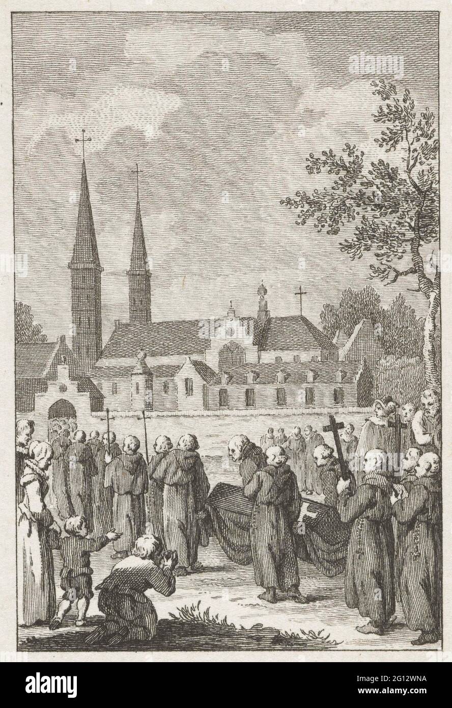 Funerali di Saint Jeroen van Noordwijk a Egmond, ca. 983-988. Funerali di Saint Jeroen van Noordwijk a Egmond. Processione funebre all'abbazia. FM ha datato questo evento 835 (?). Il santo morì intorno al 856, i suoi residui furono trasferiti tra il 983-988 all'abbazia di Egmond. Foto Stock