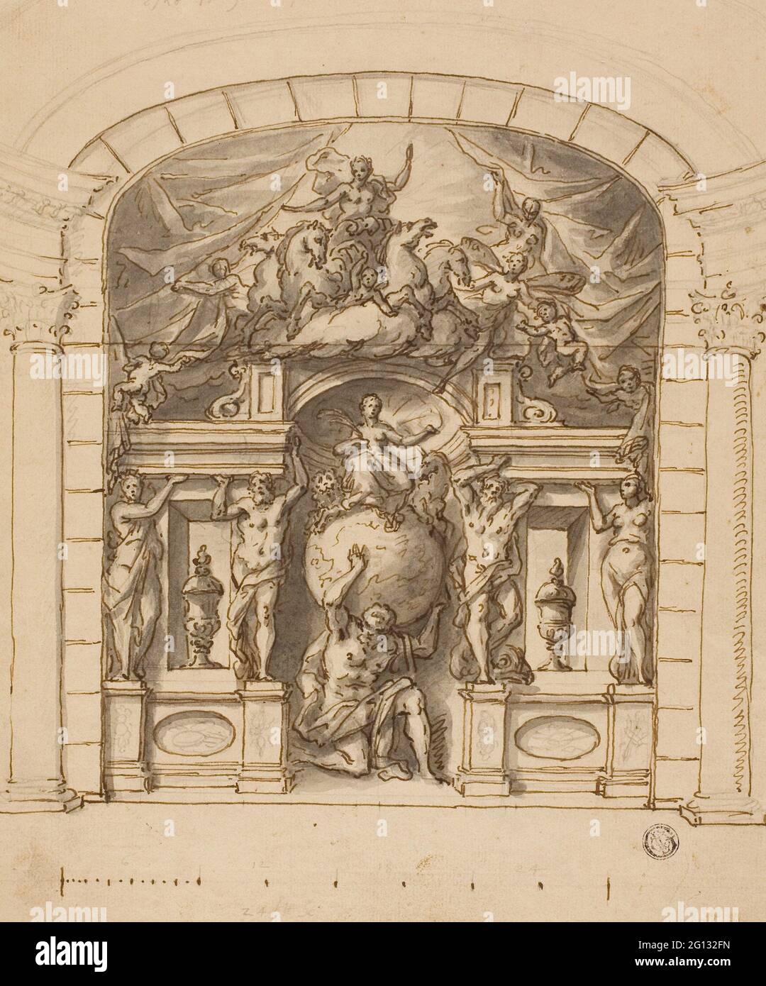 James Thornhill. Design for Stage Scenery (Hampton Court) con figure mitologiche - c. 1718 - James Thornhill Inglese, 1675-1734. Penna e inchiostro marrone Foto Stock