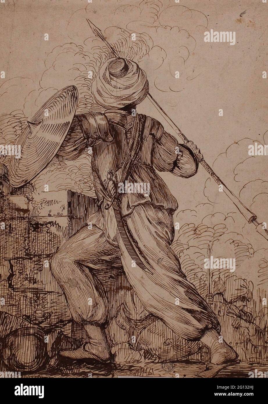 James Durno. Un soldato turco - attribuito a James Durno (inglese, c.. 1745-1795) o John Hamilton Mortimer (inglese, 1740-1779). Penna e inchiostro marrone Foto Stock
