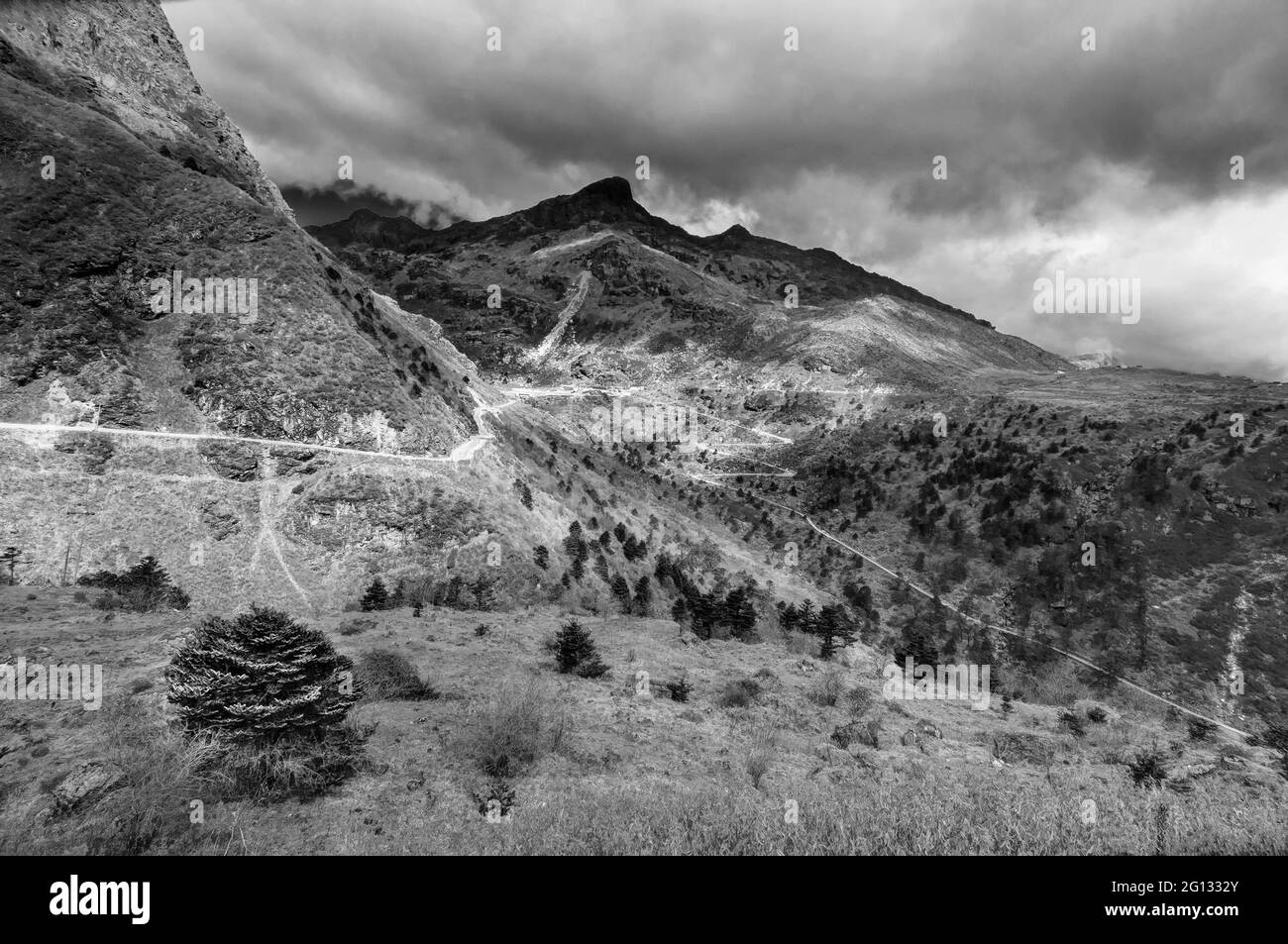 Belle famose strade curvy sulla vecchia Via della Seta, la Via commerciale della Seta tra Cina e India, Sikkim - immagine in bianco e nero Foto Stock