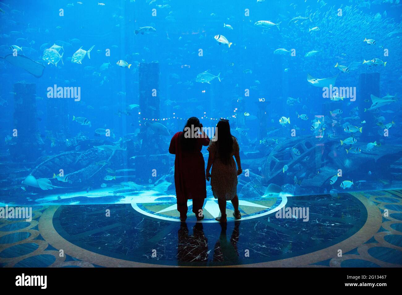 I visitatori ammirano il pesce al resort di lusso Atlantis a Palm Jumeirah, Dubai. 2.Dec. 2018 Foto Stock