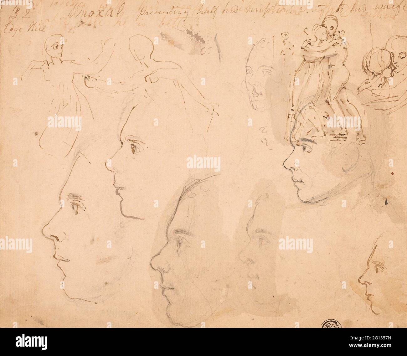 Autore: Thomas Stothard. Schizzi di profili maschili, coppia abbracciante - attribuito a Thomas Stothard inglese, 1755-1834. Grafite e penna e marrone Foto Stock