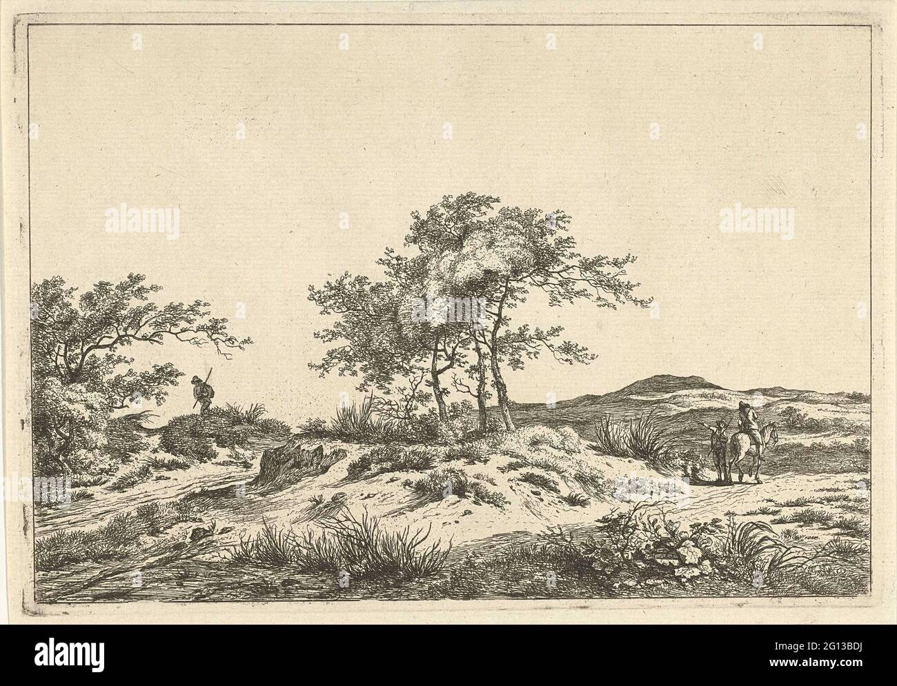 Paesaggio con pilota e pedone. Un paesaggio collinare con un'arte arborea nel mezzo. Sul sentiero c'è un uomo con braccio esteso accanto ad un uomo a cavallo. Dall'altro lato del Boompartij un camminatore con un bastone tra le mani. Foto Stock