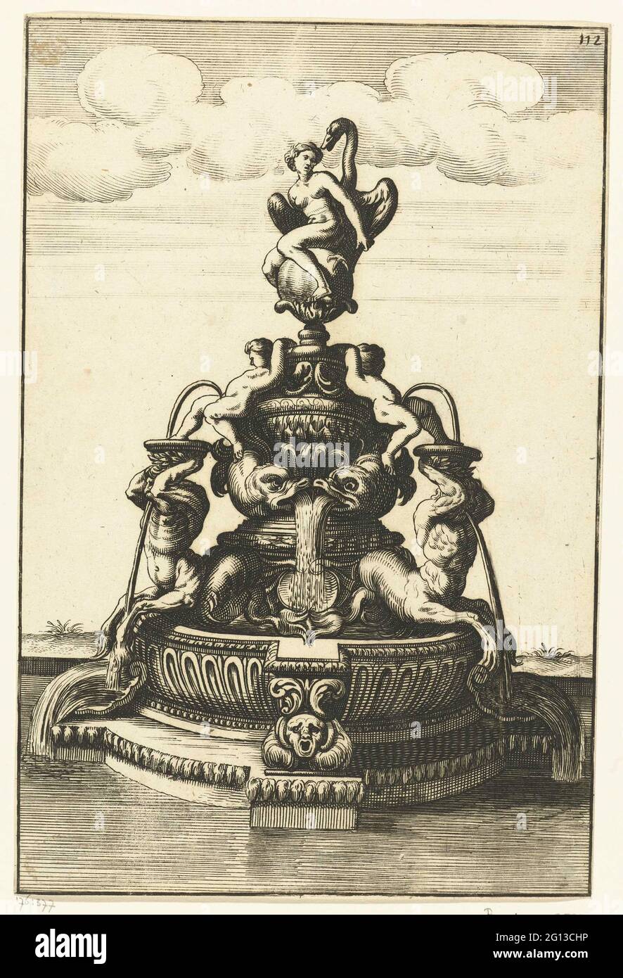 Fontana con Leda e il cigno; architettura Curiosa Nova. La base rotonda della fontana è decorata con putti e centauri. Foglia 112 della parte III di una serie composta da 226 fogli, distribuita su quattro libri, ciascuno con il proprio foglio del titolo. Foto Stock