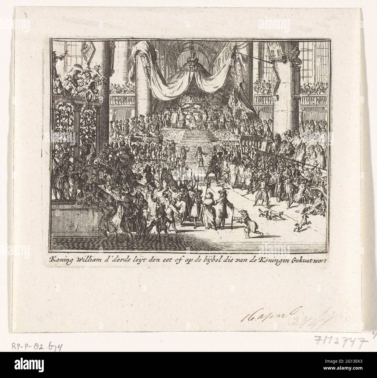 Willem III depone il giuramento durante l'incoronazione, 1689; re Guglielmo d'terzo Leyt Den EATT o sul Bybel quello della regina Wort Wort; Cronaca della casa Stuart; Cornyck o Stuarts Nootlot Synde tutti i disastri pre-inaugurali e la pancia che T 'vince il suo inizio a thesen TYT che deriva trasferito SYN. Durante la cerimonia di corona, Guglielmo III depone il giuramento sulla Bibbia, Maria Kisses la Bibbia, 21 aprile 1689. Parte di una serie di fortune della famiglia reale inglese di Stuart del 1558-1711, di cui sono elencati qui, sedici stampe sulla battaglia tra Jacobus II e Willem III in Foto Stock