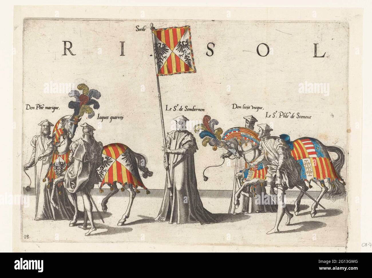 Parte della processione, n. 18; processione funebre dell'imperatore Carlo V, 1558. Quattro partecipanti alla sfilata, cavalli e bandiere con le armi di Navarra e Gerusalemme. Parte della stampante della processione funebre dell'imperatore Carlo V il 29 dicembre 1558 a Bruxelles. Foto Stock