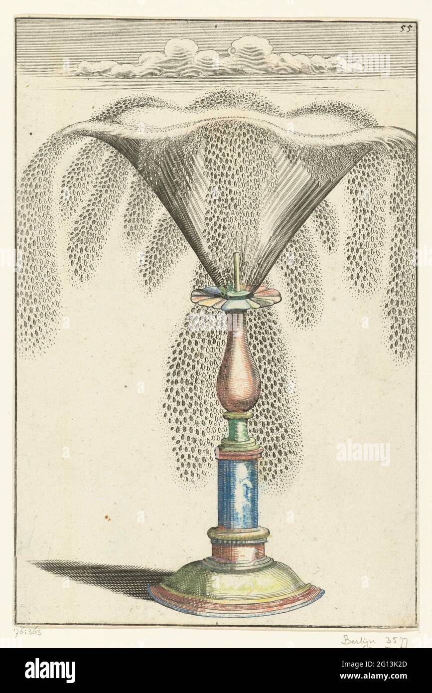 Piccola fontana; architettura Curiosa Nova. Fontana inteso come decorazione della tavola. Un getto d'acqua simile a una conchiglia spray da uno spruzzatore sulla parte superiore di un lungo piedistallo. Foglia 55 della parte II di una serie composta da 226 fogli, distribuita su quattro libri, ciascuno con il proprio foglio del titolo. Foto Stock