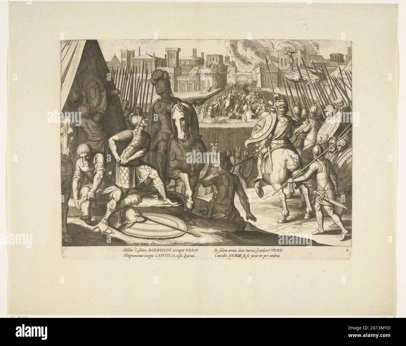 Conquista di Roma, 1527, n. 2; scene della vita di Carlo V; la vie de l' Empereur Charles V. e Tres-Belles Tailles-Douces, Gravées sur Les Dessins du Celébre A. Tempeste, Par Deux des Plus Habiles Maitres J. de Gein & C. Boel. A Leide, Chez Pierre van der AA, avec privilege. Eserciti guidati da Karel v Conquer Roma, 1527. In primo piano, i soldati sono pronti per la lotta, gli eserciti tempesta un cancello della città sullo sfondo. Con didascalia di quattro regole in latino. Foto Stock