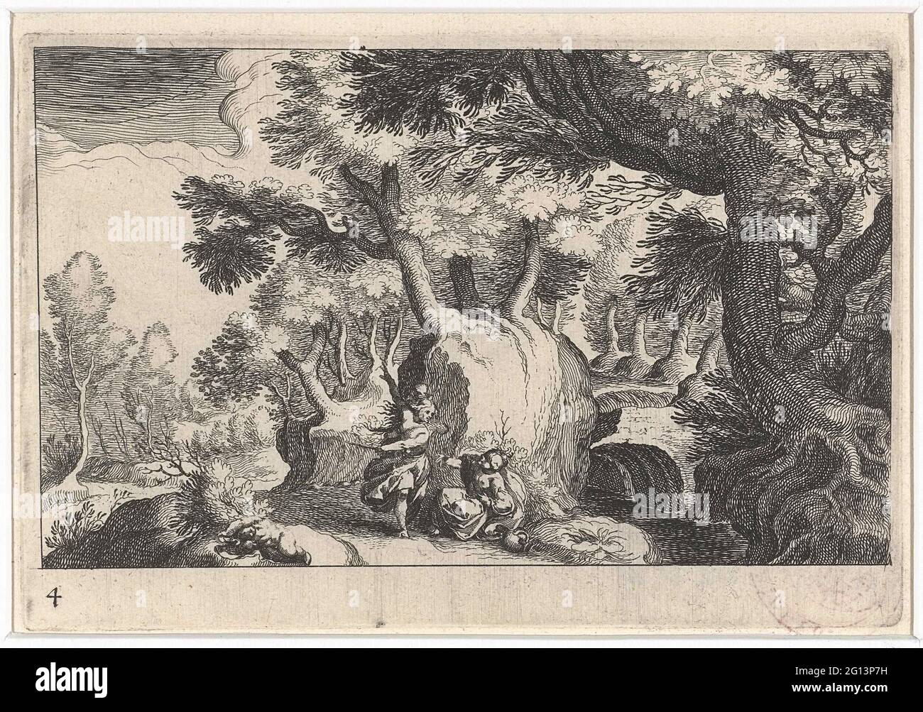 Paesaggio forestale con Hagar e Ismaël; paesaggi del Sud Europa; Topographia Vararum Regionum. Un angelo indica la sua strada. In primo piano è Ishmael sotto un cespuglio. Foto Stock