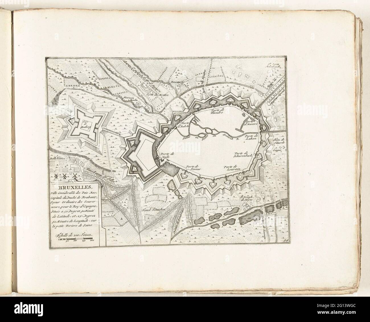 Mappa di Bruxelles, ca. 1702; Bruxelles, Ville Pressive des Pais Bas, capitale duuché de Brabant (...); Les Forces de l'Europe, Asie, Afrique et Amerique, ou Description des principales Villes avec leurs fortificazioni. Dessignées PAR LES MEILLEURS Engineers, privato Celles qui sont Sous la dominazione de la France (...) Et Ornées i plusieurs Superbes Edifes. Mappa delle difese intorno alla città di Bruxelles. 54 nella foto nel contesto di un totale di 276 targhe numerate di rinomate città forti e fortezze nel contesto della guerra di successione spagnola. Per la maggior parte, il Foto Stock