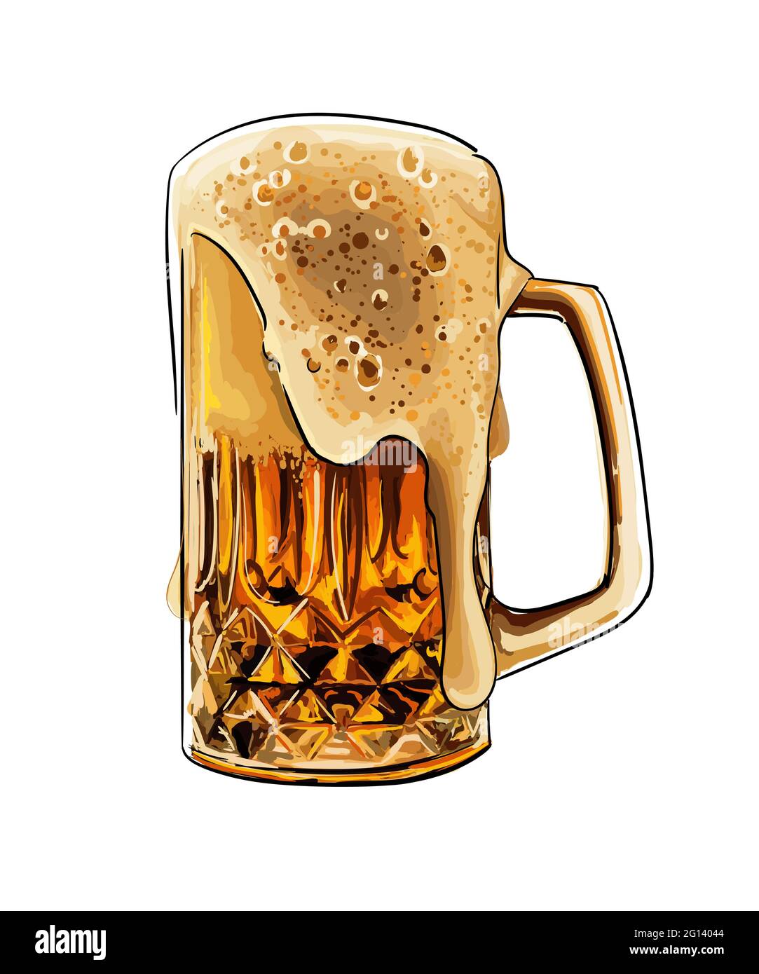 Tazza di birra, bicchiere di birra con disegno colorato in schiuma, realistico. Illustrazione vettoriale delle vernici Illustrazione Vettoriale