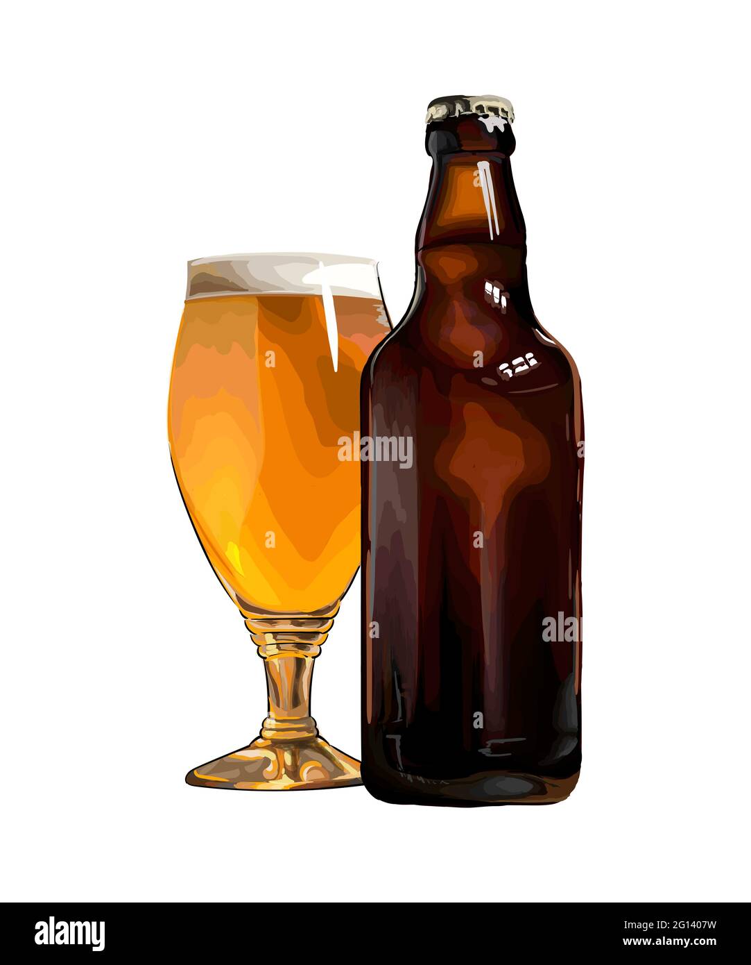 Tazza di birra con bottiglia, disegno colorato, realistico. Illustrazione vettoriale delle vernici Illustrazione Vettoriale