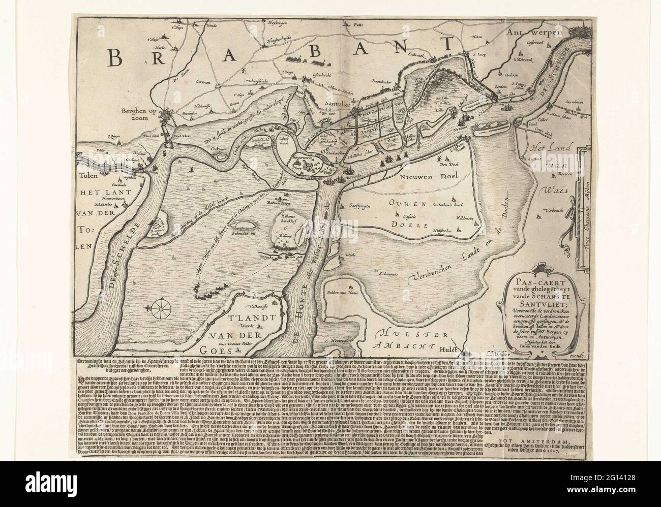 Carta con la costruzione della possibilità spagnola a Zandvliet, 1627; Pas-Caert Vande Ghelge [N] Theyt Vande Schans a Santvliet; Mostra [n] i paesi a mare, nuova Aengasse [N] Gorsingen, e [DE] il frantoio dell'uccisione in e [DE] dal SELVE tra [N] Bergen e Anversa Zoom op Distretto della Schanse dal Spaenschen sul ripido Higherwerve / Bettenchen Cromvliet e d'Agger Aengevangen. Mappa con il fiume e le insenature tra l'Ooster e Westerschelde con la costruzione degli Schans spagnoli a Zandvliet, 1627. Con l'attacco di Spinola a Zuid-Beveland, Septembo Foto Stock