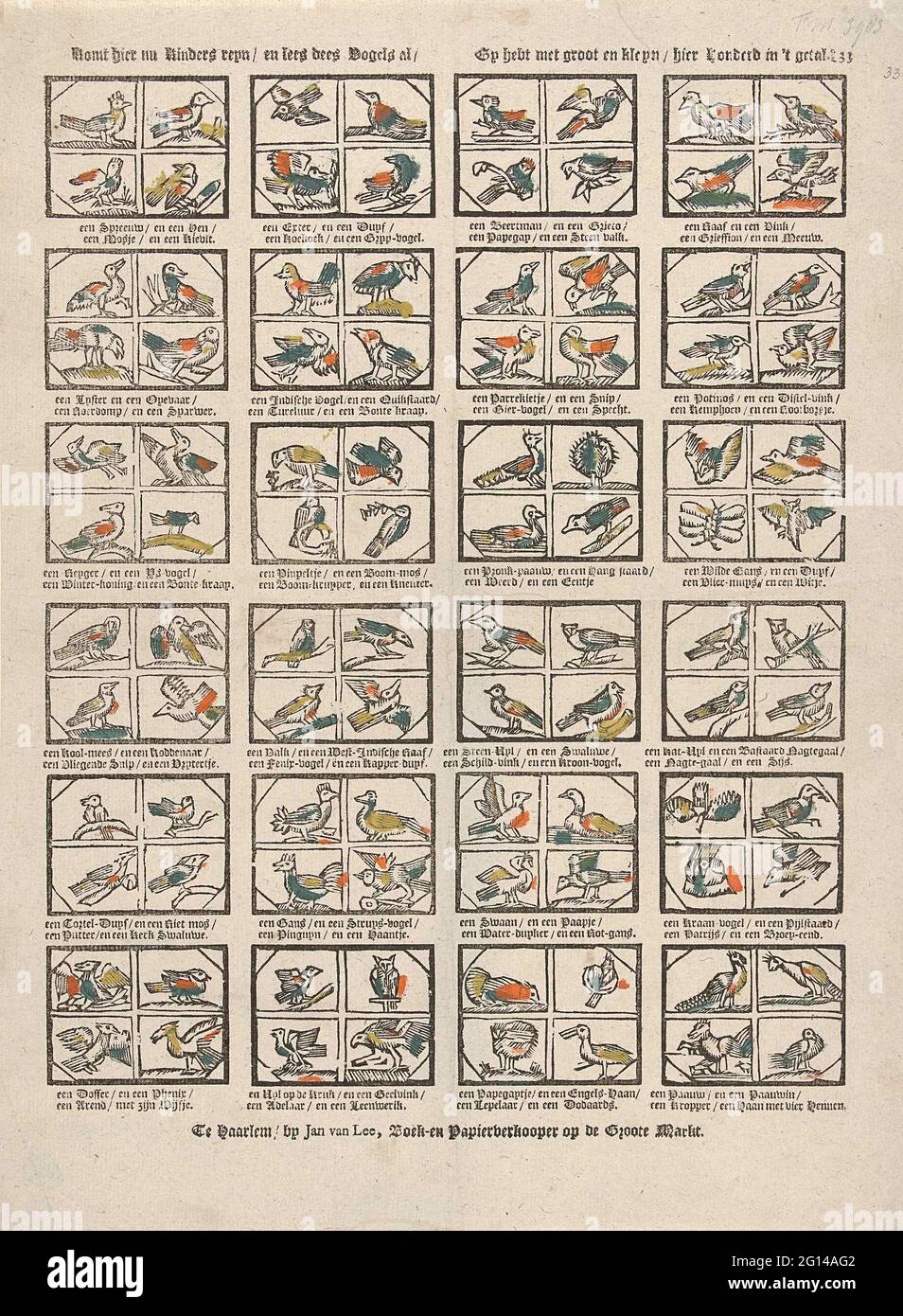 Qui viene ora bambini Reyn / e leggere Dees Vogels al / Gy con grande e Kleyn / qui un centinaio nel numero .. Foglio con 24 spettacoli con quattro animali alati, come uccelli, un gufo, un pipistrello e una farfalla, la cosiddetta gabbia di grandi uccelli. Sotto ogni spettacolo i nomi degli animali. Numerato: 33. Foto Stock