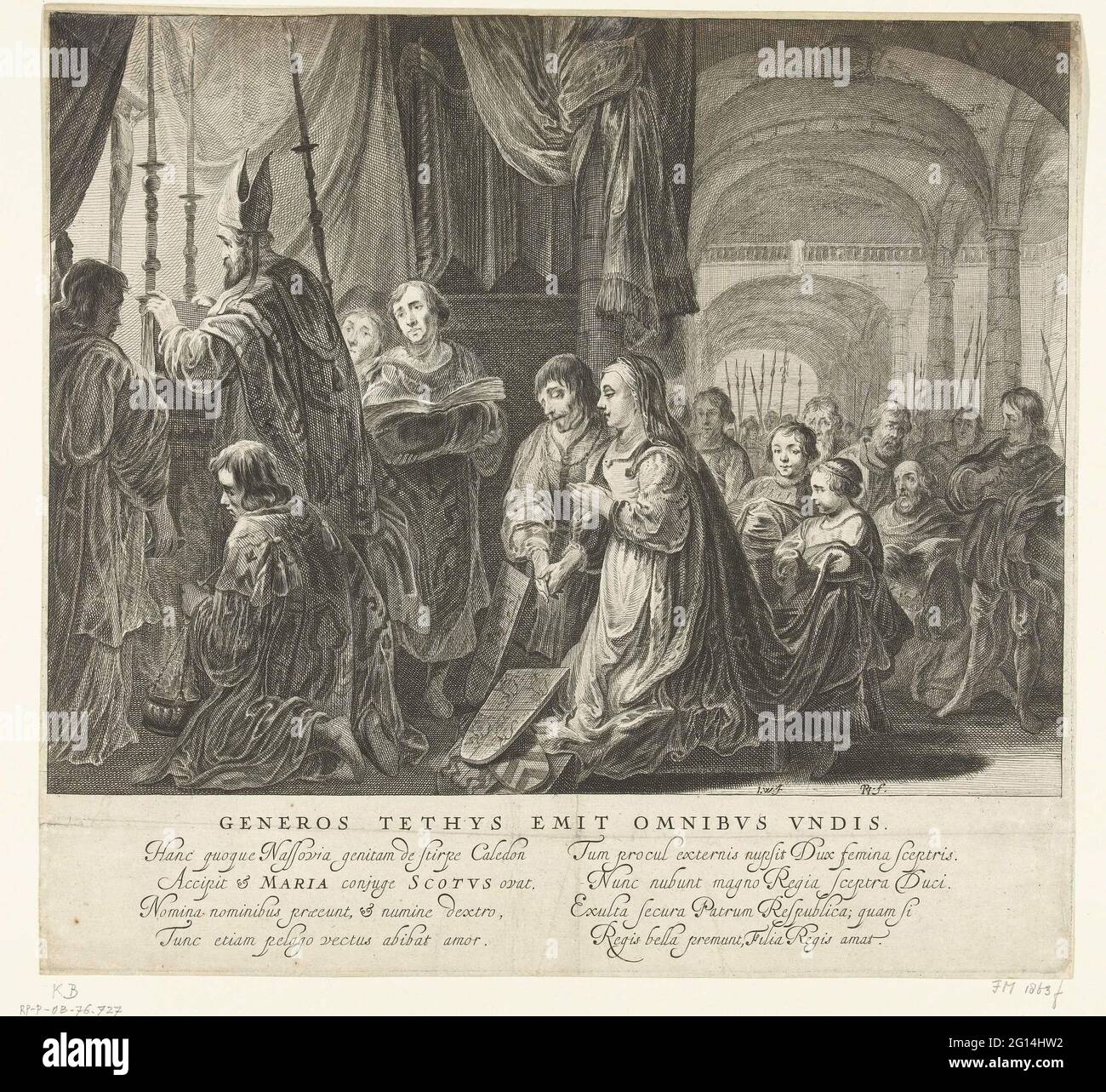 Tableau Vivant con il matrimonio di Jacobus II dalla Scozia con Maria van Gelre-Egmond nel 1449, 1642; i Generos tethys emettono onnibus undis. Allegorisch Tableau Vivant con il matrimonio del re Jacobus II di Scozia con Maria van Gelre-Egmond nel 1449. Mostra nel Theaterpoort fondato sulla serratura del maiale per la Doelenstraat in visita della regina inglese Henrietta Maria ad Amsterdam, 20-22 maggio 1642. Nella didascalia è il titolo e 2 volte 4 righe in latino. Sesto piatto in un gruppo di dieci esposizioni e trionfi. Foto Stock