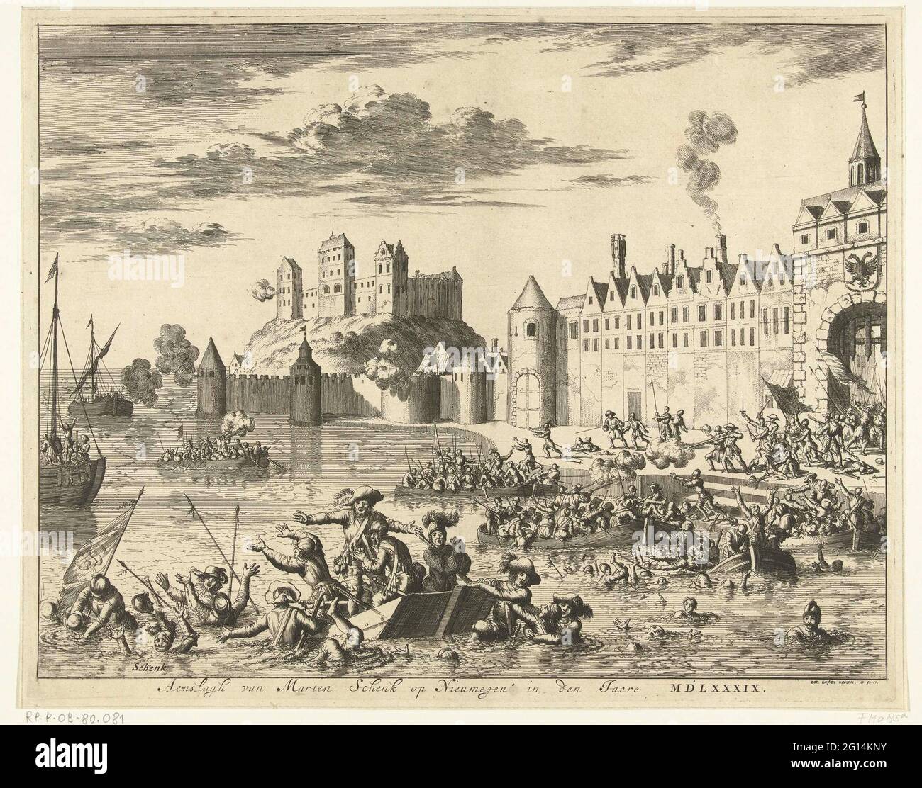 Attacco di Maarten Schenck a Nijmegen, 1589; Aenlagh van Marten Schenk op Nieumegen a Den Jaere MDLXXXIX. Fallito attacco da parte delle truppe sotto Maarten Schenck sulla città di Nijmegen, 10 agosto 1589. Episodio della guerra di Keulse. Schenck affondava nella Waal in voli dalla città. Foto Stock