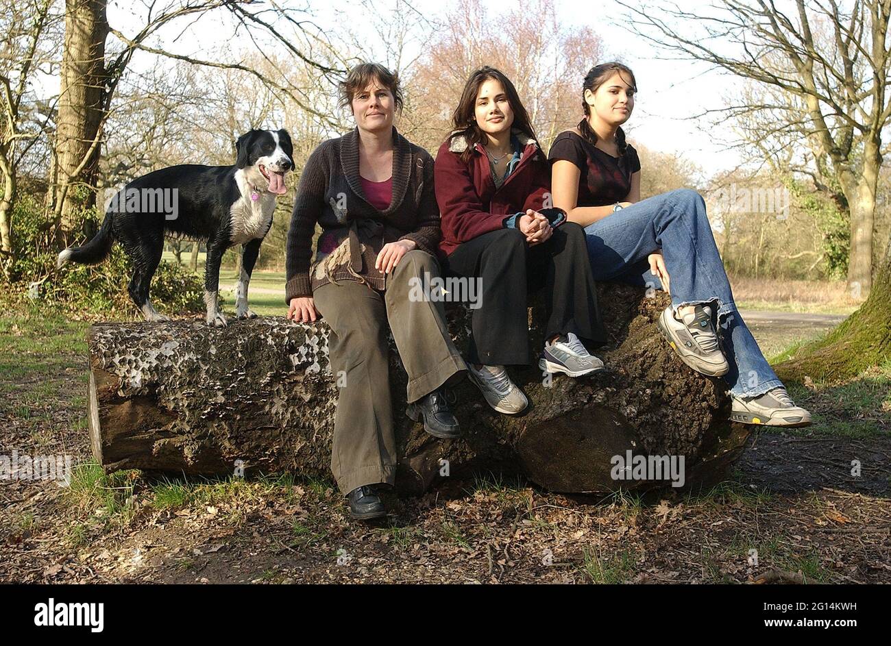 JESSIE L'ALBERO CHE ARRAMPICA CANE CON IL PROPRIETARIO PAM WASS E LE SUE FIGLIE EMMA 2004 Foto Stock