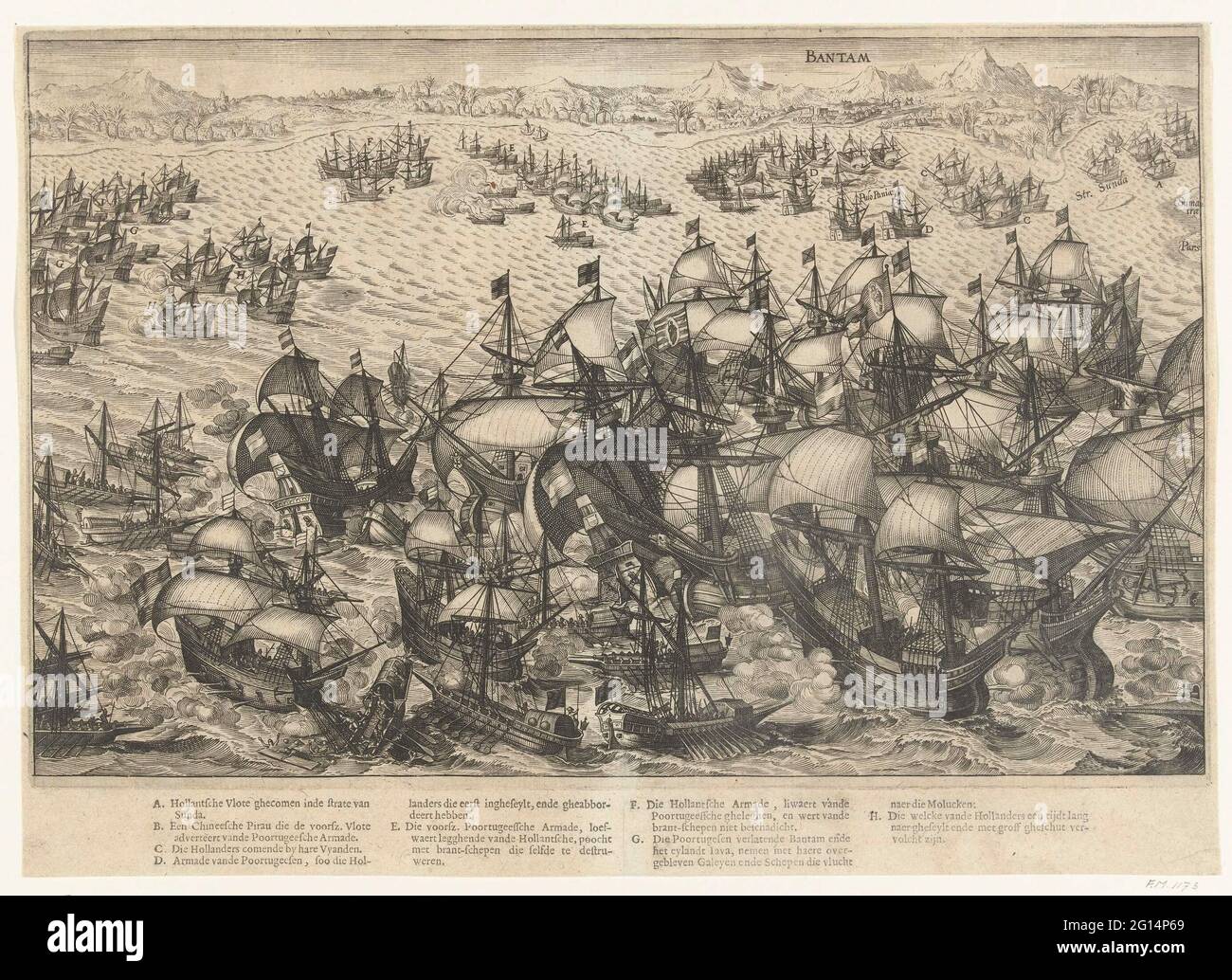 Vittoria sulla flotta portoghese per Bantam, 1601. Vittoria dell'ammiraglio Wolfert Hermansz con cinque navi sulla flotta portoghese di trenta navi nella battaglia di navigazione per Bantam, 25-30 dicembre 1601. Premuto separatamente sotto la mostra la legenda A-H in olandese. Foto Stock