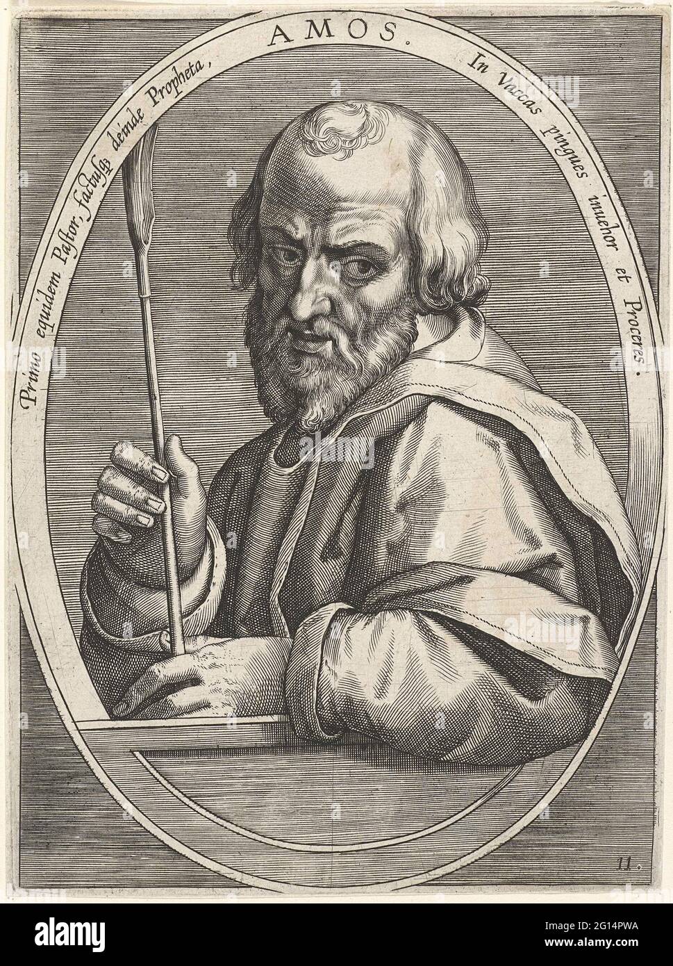 Amos; Icone Profetarum Veteris Testamenti. Il profeta Amos con una spina di canna in mano, in ovale con latino periferico. Foto Stock