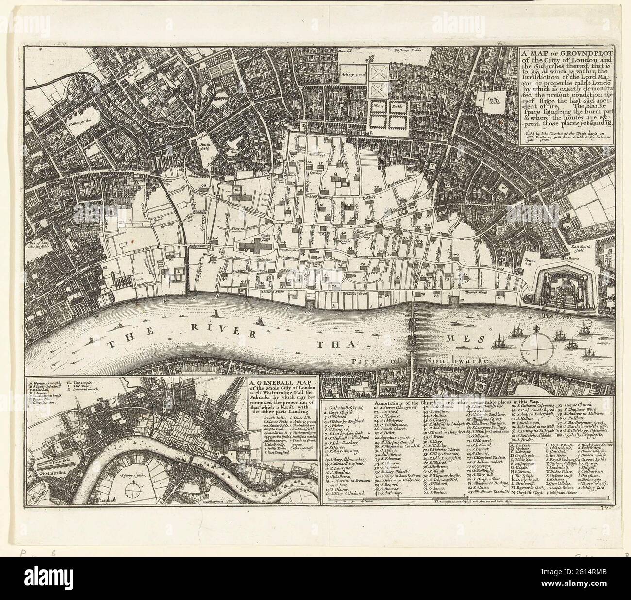 Mappa di Londra dopo il grande incendio del 1666; una mappa o un terreno della città di londra e la suburbana (...). Mappa di Londra su cui la parte della città distrusse durante il Grande incendio dal 12-15 settembre 1666. In basso a sinistra di un impegno con una mappa di tutta la città. In basso a destra le legendas 1-100 e A-O. Foto Stock