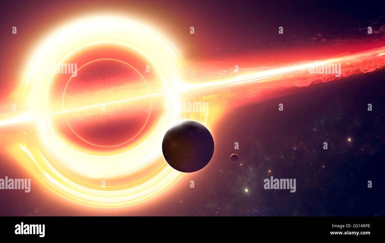 Buco nero supermassiccio, exoplanet e nuove galassie. Orizzonte degli eventi. Sci-fi. rendering 3d Foto Stock