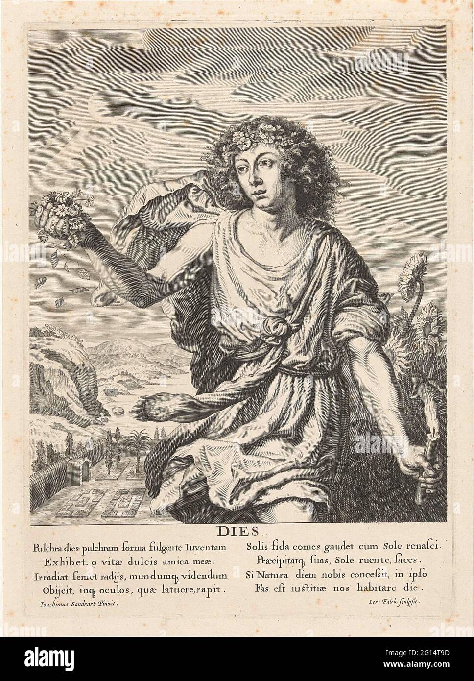 Giovane uomo floreale sparso; Dies. Un giovane uomo con corona floreale alla testa e una candela bruciante in mano, scatterisce i fiori. Sullo sfondo un paesaggio montano, un giardino murato e girasoli. Sotto lo spettacolo un verso in latino di due volte quattro regole. Foto Stock